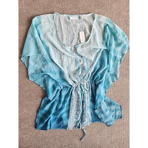 NWT NY Company Sheer Poly Chiffon Top /Kaftan /Short Coverup/ Tunic Aqua White L